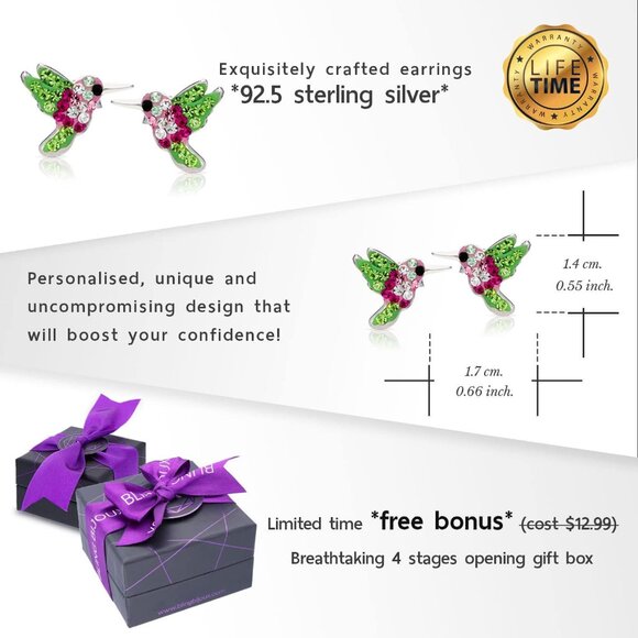 Women's Colorful Crystal Hummingbird Rust 925 Sterling Silver Natural Earrings - Picture 2 of 5